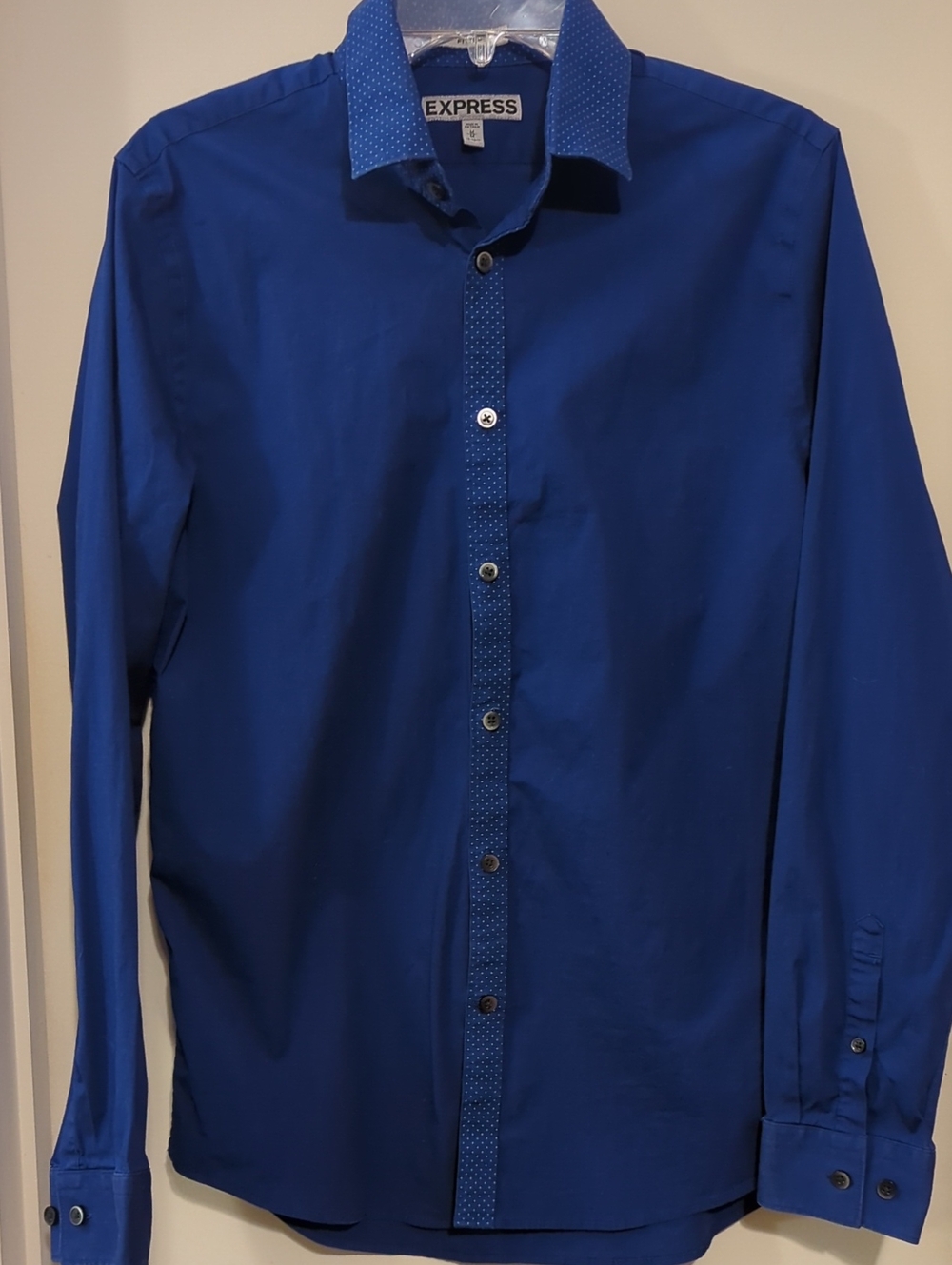 Express Men’s Royal Blue Dress Shirt with Contrast Dot Placket